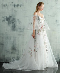 White Tulle Lace Spaghetti Straps Long Evening Dress, Embroidery White Prom Dress KS3796