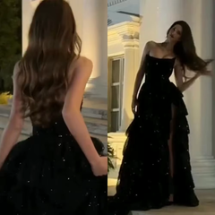 Modest Ball Gown Strapless Black Sequin Floor Length Slit Prom Dresses Evening Gowns HZ1024