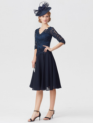 Mother of the Bride Dress Elegant V Neck Knee Length Chiffon Sheer Lace Half Sleeve with Lace