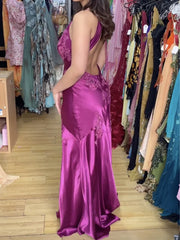 Vintage Hot Pink Satin Embroidery Prom Dress Sheath Backless Evening Dress Long Formal Dress HZ1024