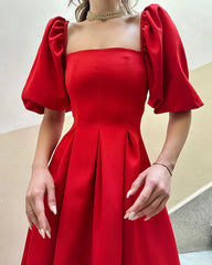 Red square neck bubble sleeve prom dress
