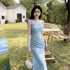 Vintage Shiny Light Blue Spaghetti Strap Mermaid Long Summer Dresses Prom Dress Evening Dress HZ1024