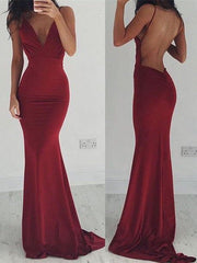 Elegant Burgundy Mermaid Open Back Prom Dresses, Maroon Backless Formal Dress