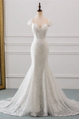 Mermaid Sweetheart Lace Long Wedding Dress Bride Gown Cap Sleeves