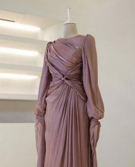 Modest Long Sleeves Sheath Chiffon Elegant Long Formal Party Dress, HZ0319