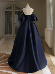 A-Line V Neck Satin Dark Blue Long Prom Dress, Dark Blue Long Formal Dress
