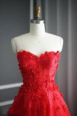 A Line Floral Lace Beaded Sweetheart Tulle Evening Gowns Long Prom Dress