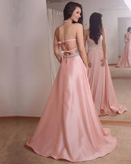 A Line Open Back Satin Prom Dresses Beaded Halter