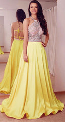 A Line Open Back Satin Prom Dresses Beaded Halter