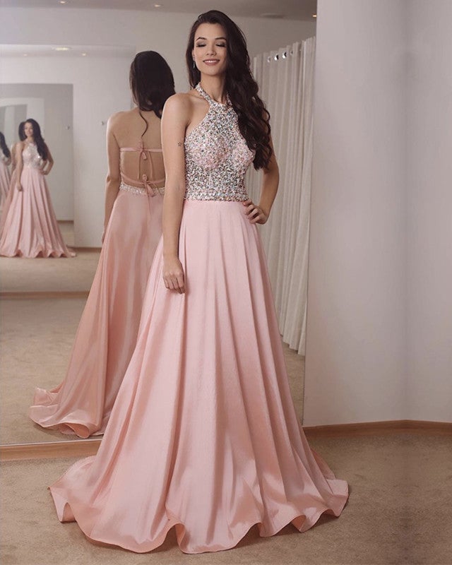 A Line Open Back Satin Prom Dresses Beaded Halter