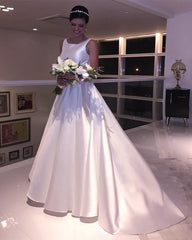 A Line Scoop Neck Bow Sashes Satin Wedding Dresses