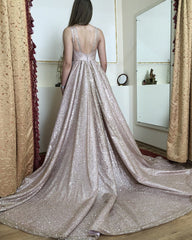 A Line Scoop Neckline Sweep Train Sequin Dresses