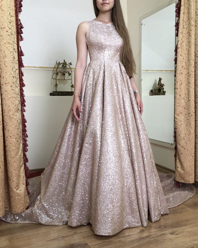 A Line Scoop Neckline Sweep Train Sequin Dresses
