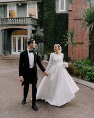 A-Line Beach Satin Wedding Dresses Long Sleeves Jewel Neckline