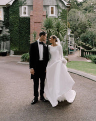 A-Line Beach Satin Wedding Dresses Long Sleeves Jewel Neckline