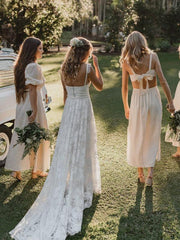 A-Line V-Neck Lace Backless Spaghetti Straps Lace Beach Wedding Dress