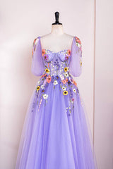 A-Line Lavender Floral Puff Sleeves Tulle Long Prom Dress TP1263