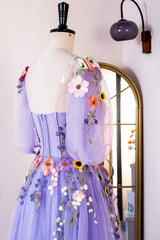 A-Line Lavender Floral Puff Sleeves Tulle Long Prom Dress TP1263
