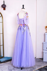 A-Line Lavender Floral Puff Sleeves Tulle Long Prom Dress TP1263