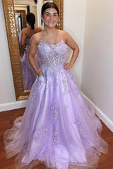 A-Line Lavender Tulle Applique Lace Up Back Prom Evening Dress TP1218
