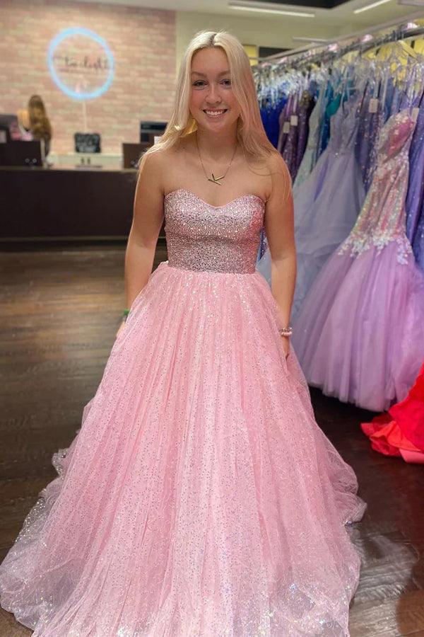 A-Line Light Pink Floor Length Strapless Sparkly Tulle Long Prom Dress TP1205