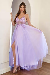 A-Line Lilac Tulle Split Long Prom Formal Dress With Beading TP1156