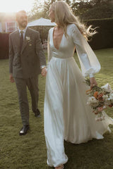A-Line Long Sleeves Satin Wedding Dresses with V Neck Open Back Elegant