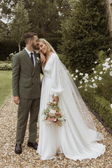 A-Line Long Sleeves Satin Wedding Dresses Deep V Neck