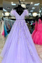 A-Line Off-the-Shoulder Lilac Lace Prom Dresses Appliques Feathers