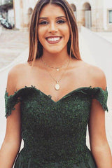 A-Line Off-the-Shoulder Split Dark Green Lace Appliques Prom Dress TP0932