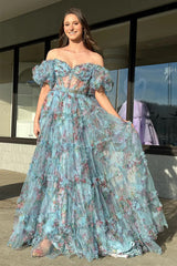 A-Line Off The Shoulder Sweetheart Floral Long Prom Dress TP1346