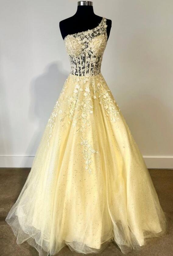 A-Line One-Shoulder Lace Prom Dresses 2024 Floral Appliques Formal Dress