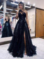 A-Line One Shoulder 2024 Prom Dresses Black Tulle Lace Formal Dress