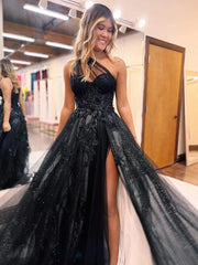 A-Line One Shoulder 2024 Prom Dresses Black Tulle Lace Formal Dress