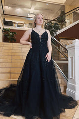 A-Line Plus Size Black 2024 Prom Dresses Lace Spaghetti Straps Tulle Formal Dress
