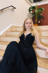 A-Line Plus Size Black 2024 Prom Dresses Lace Spaghetti Straps Tulle Formal Dress