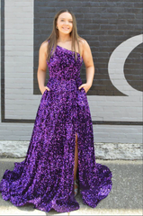 A-Line Plus Size Sequins Iridescent Prom Dresses Purple One Shoulder Sleeveless Ruffles
