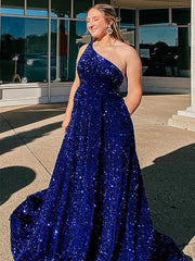 A-Line Plus Size Sequins Iridescent Prom Dresses Purple One Shoulder Sleeveless Ruffles