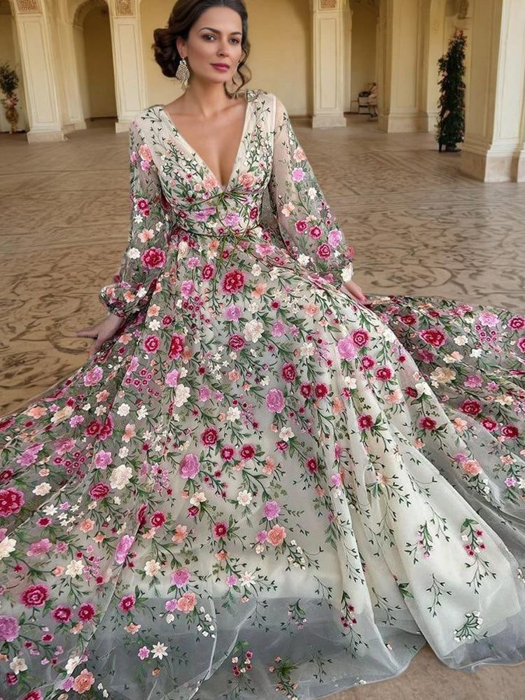 Floral V-Neck Long Sleeves Lace Prom Dress
