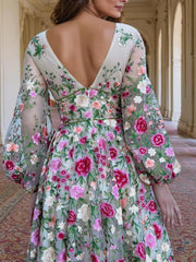 Floral V-Neck Long Sleeves Lace Prom Dress