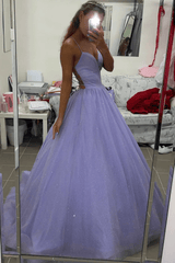 A-Line Purple Tulle Long Prom Dresses 2024 Spaghetti Straps Backless Evening Dress