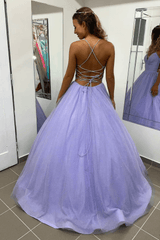 A-Line Purple Tulle Long Prom Dresses 2024 Spaghetti Straps Backless Evening Dress