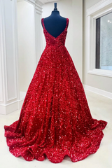 A-Line Red Sequin Quince Dresses Square Neck Backless Long Prom Dresses