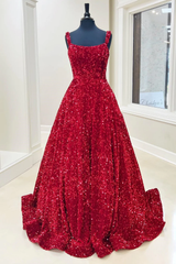 A-Line Red Sequin Quince Dresses Square Neck Backless Long Prom Dresses