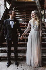 A-Line Round Neck Long Wedding Dress With Lace Long Sleeves TN335