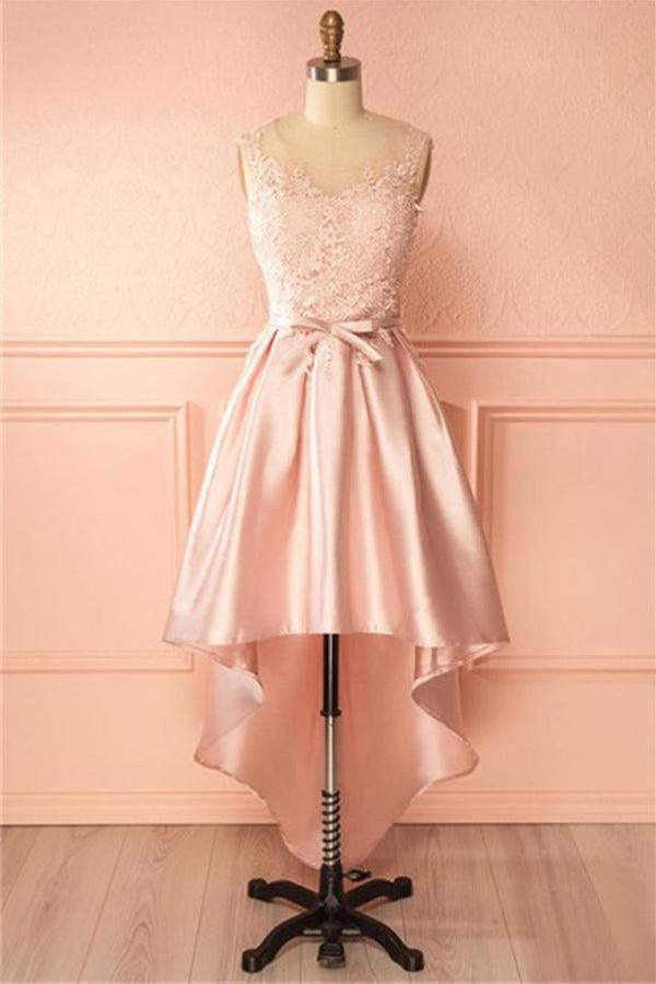 A-Line Scoop High Low Pink Satin Homecoming Dress With Appliques  TR0200
