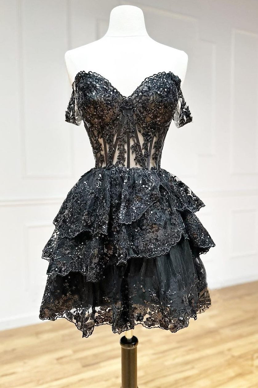 A-Line Short BLack Prom Dress Sheer Corset Bodice Homecoming dress