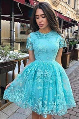 A-Line Short Sleeves Short Pink Homecoming Dress with Lace Appliques  HD0024