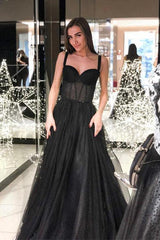 A-Line Spaghetti Straps Long Prom Dress Sleeveless Black Evening Dress TP0956