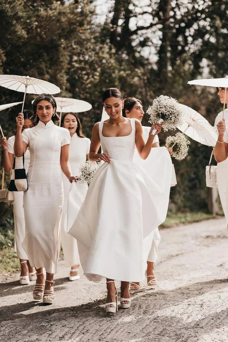 A-Line Square Neck Floor Length Simple Long White Satin Wedding Dresses ﻿